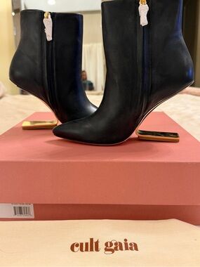 cult gaia Black Leather Ankle Booties with Gold Accent Heel